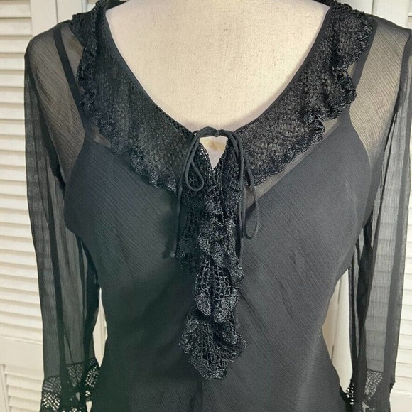 ECI S Black Silk Chiffon Ruffle & Lace Sheer Top & Camisole Womens Size Small - Picture 6 of 13